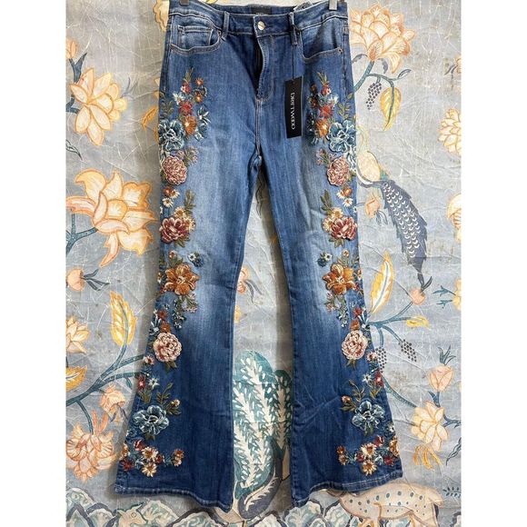 Free People Driftwood Jeans Farrah Flare Floral Beaded Midnight Rose Blue Sz 30 - Picture 4 of 5